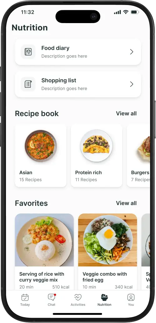 A mobile device showcasing a fitness app with nutrition and meal planning features