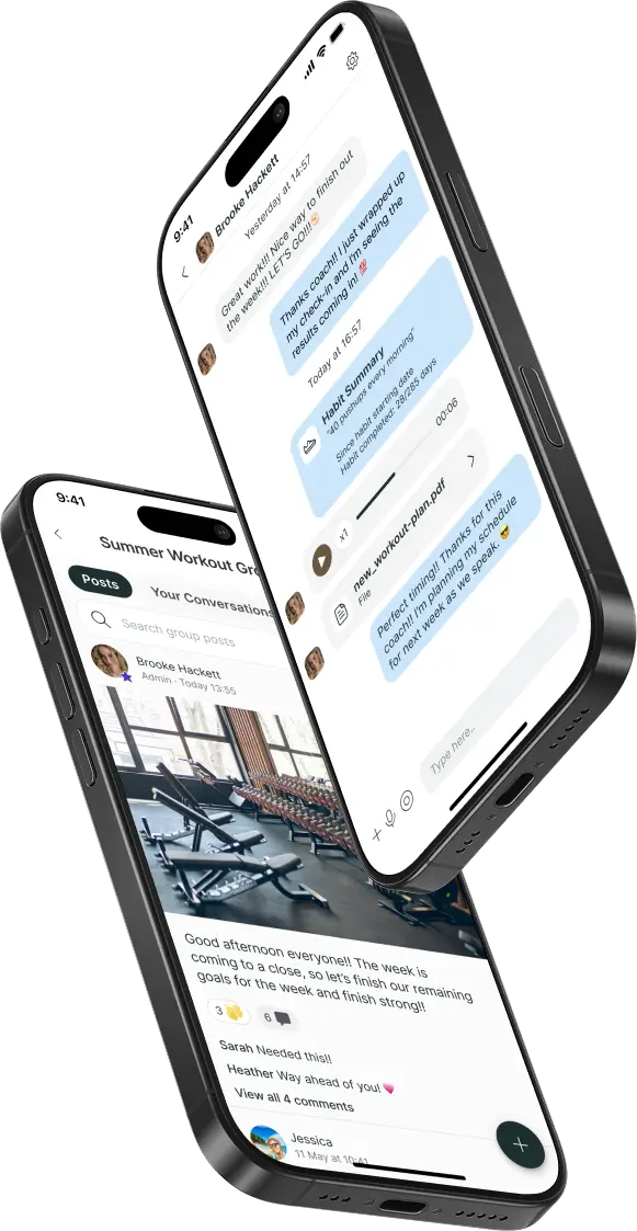 Two mobile devices showcasing a fitness app with social interaction features
