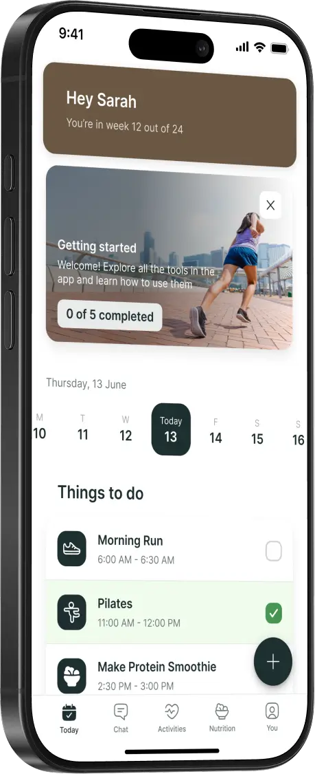 A mobile device showcasing a fitness app with tracking and task logging features