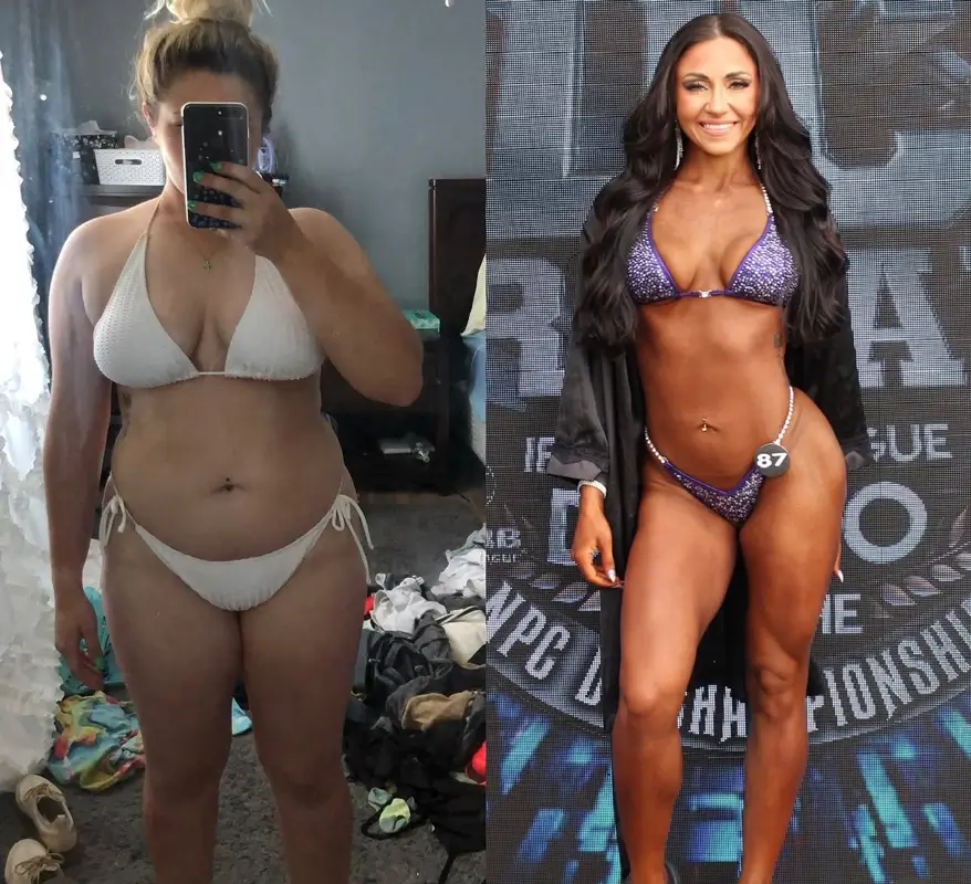 Before and after photo of a female fitness and body-builder professional