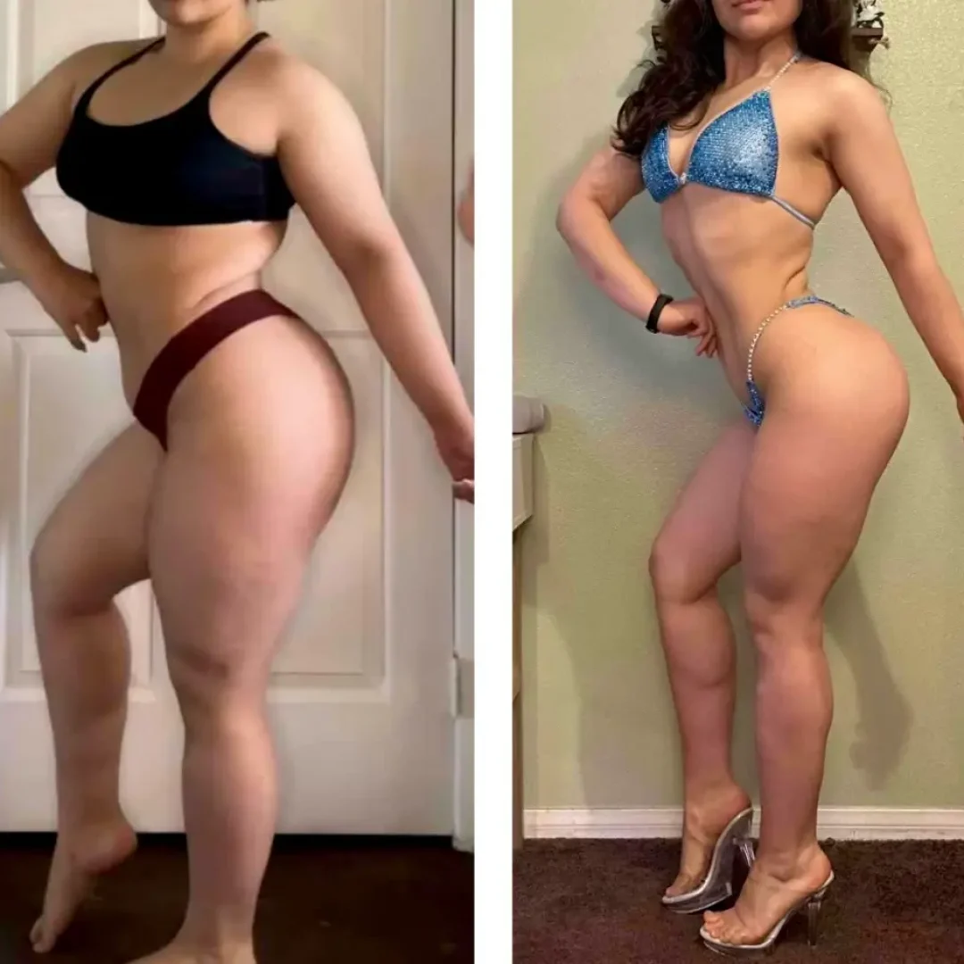 Before and after image of a young woman after fitness training