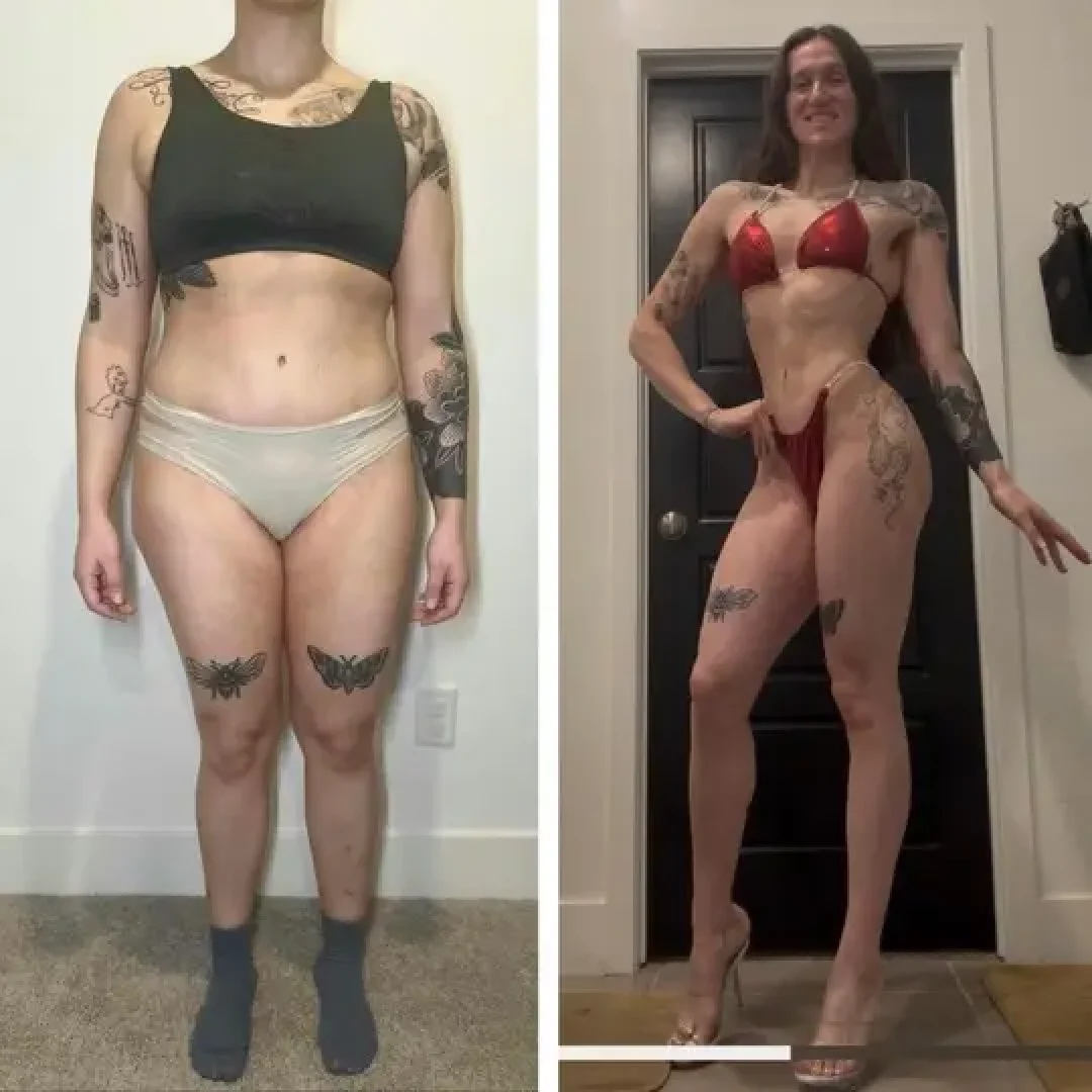 Before and after image of a young woman after fitness training