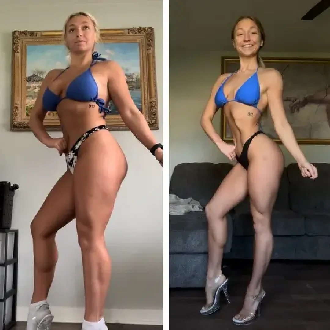 Before and after image of a young woman in bikini after fitness training