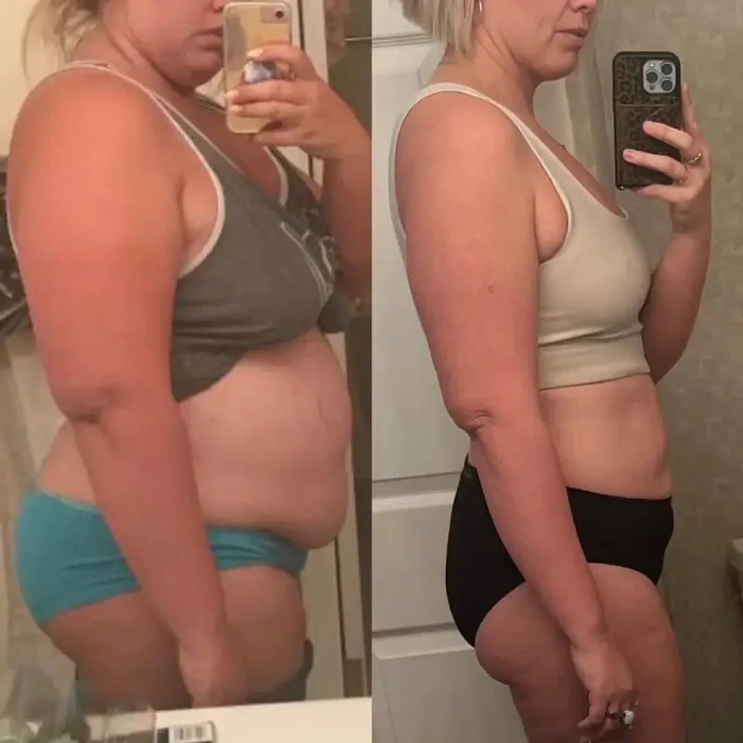 Before and after image of a older woman after undergoing a fitness plan